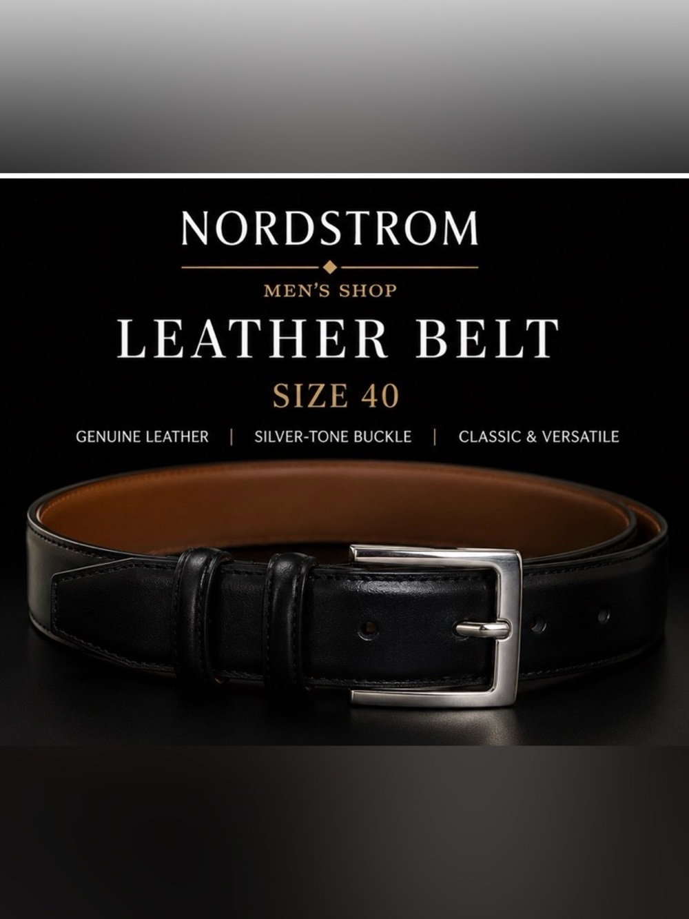 Nordstrom’s Men’s black leather belt size 40. Silver buckle. EUC 1-1/4”